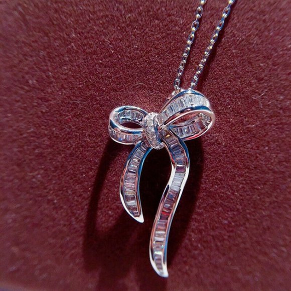 FIRM 925 Silver Italy Chain & White Sapphire Bow Pendant - Picture 2 of 7